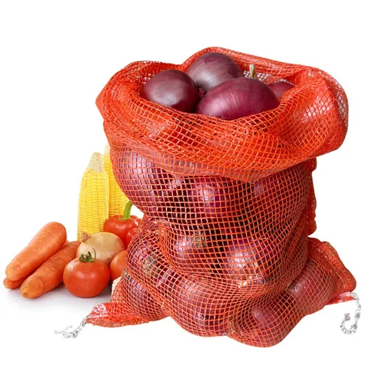 PE Raschel Leno Drawstring Net Onion Potato Draw String Mesh Bag For Firewood